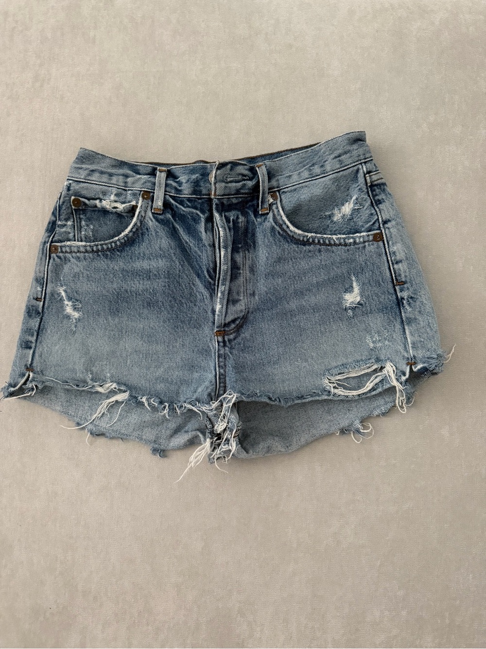 Agolde Light Blue Distressed High-Rise Denim Shorts